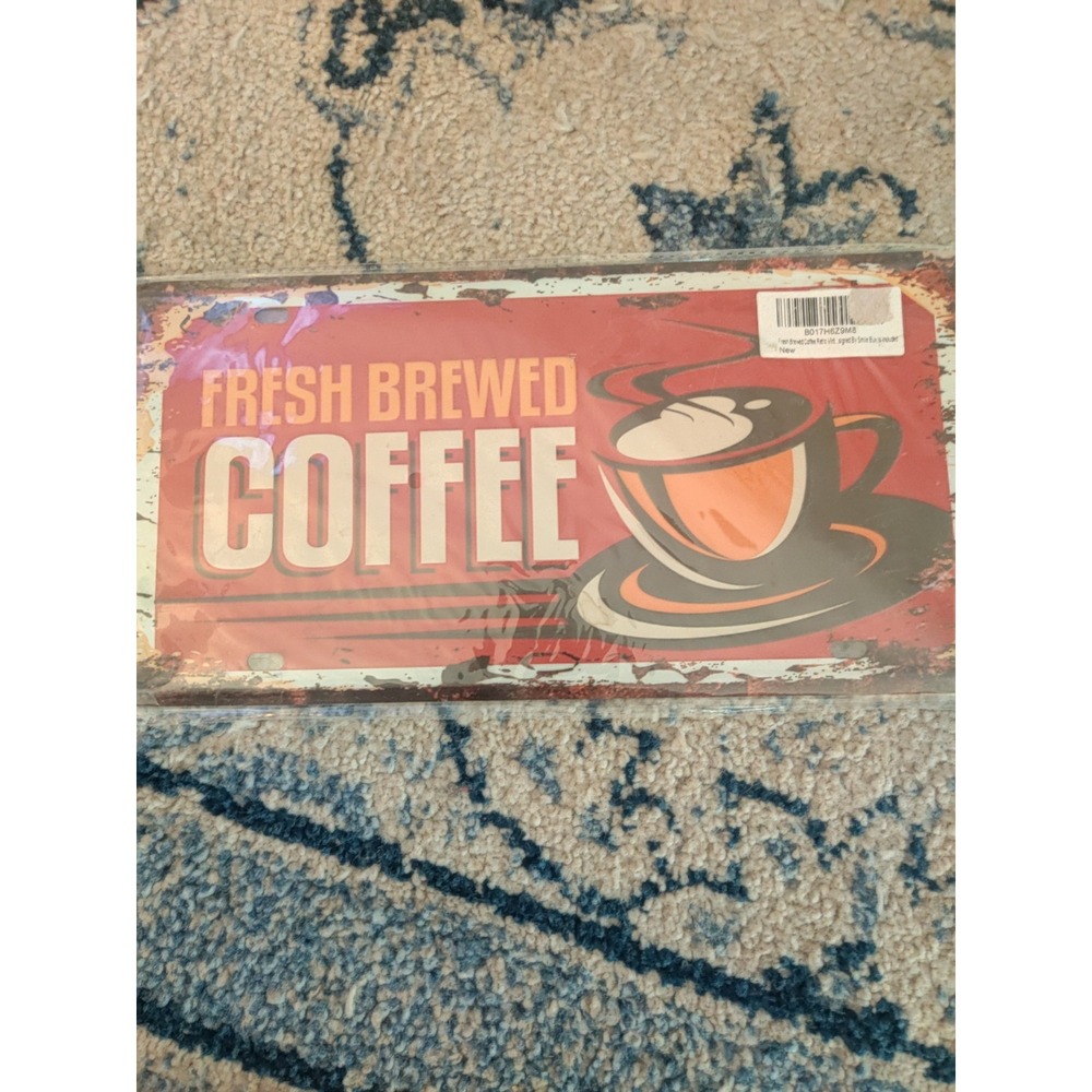 Vintage Metal Fresh Brewed Coffee Wall Sign Plaque Rectangle Red White Black
